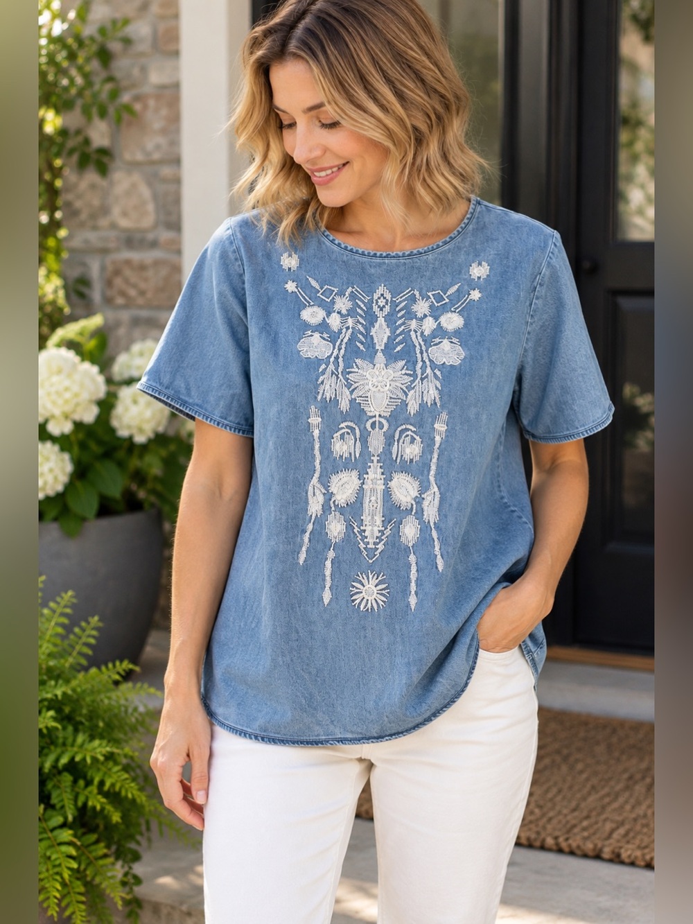 April Cornell Blue Chambray Embroidered Floral Tunic Top Size S/M